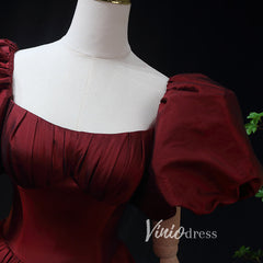 Burgundy Taffeta Prom Dress with Puffed Sleeves & Corset Back FD3455