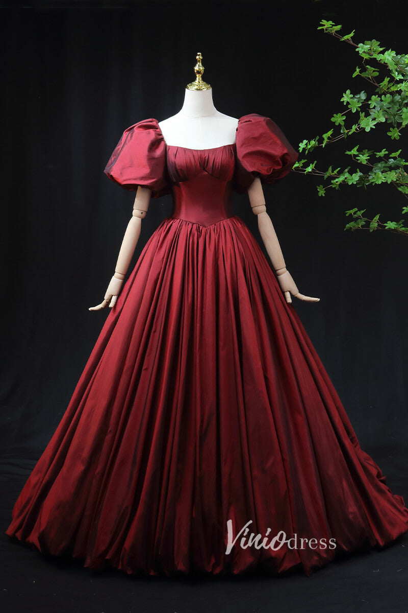 Burgundy Taffeta Prom Dress with Puffed Sleeves & Corset Back FD3455