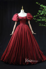 Burgundy Taffeta Prom Dress with Puffed Sleeves & Corset Back FD3455