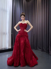 Burgundy Tiered Ruffled Wedding Gowns Strapless Quince Dress 241063