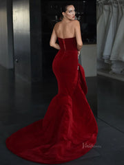 Burgundy Velvet Prom Dresses with Rhinestones, Rosette Slit & Sweetheart Neckline - FD5277