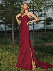 Sheath/Column Silk like Satin Ruched Sweetheart Sleeveless Sweep/Brush Train Bridesmaid Dresses