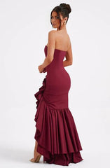 Beautiful Burgundy A-line Off The Shoulder Formal Ball Gown With Ruffled Edges