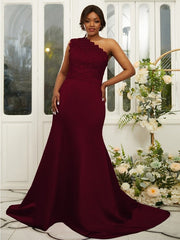 Sheath/Column Satin Lace One-Shoulder Sleeveless Sweep/Brush Train Bridesmaid Dresses