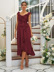 A-Line/Princess Silk like Satin Ruffles V-neck Sleeveless Tea-Length Bridesmaid Dresses