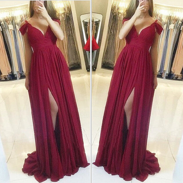 Simple A-line Off-the-Shoulder Chiffon Burgundy Prom Dresses