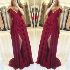 Simple A-line Off-the-Shoulder Chiffon Burgundy Prom Dresses