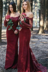 Sexy Cheap Long Sleeve Lace Burgundy Bridesmaid Dresses