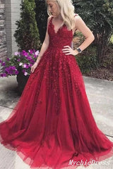 A Line Lace Burgundy Prom Dresses 2024 V Neck Sleeveless