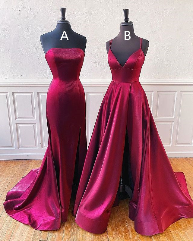 Floor Length Long Satin Burgundy Prom Dresses 2024 with Split