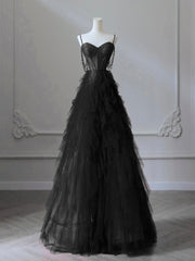 A-Line Sweetheart Neck Tulle Dark Blue Long Prom Dress, Dark Blue Long Graduation Dress with Beads