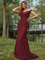 Sheath/Column Jersey Applique Off-the-Shoulder Sleeveless Sweep/Brush Train Bridesmaid Dresses