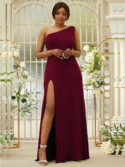 Sheath/Column Jersey Ruffles One-Shoulder Sleeveless Sweep/Brush Train Bridesmaid Dresses