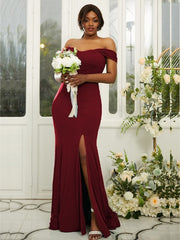 Sheath/Column Jersey Ruffles Off-the-Shoulder Sleeveless Sweep/Brush Train Bridesmaid Dresses