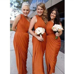 Sheath One Shoulder Rust Orange Bridesmaid Dresses Ruffles