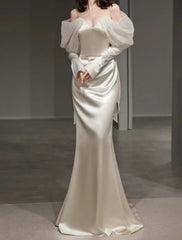 Mermaid / Trumpet Evening Gown Elegant Dress Formal Prom Floor Length Long Sleeve Sweetheart Italy Satin with Buttons Shawl
