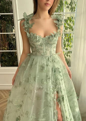 Fairtale Prom Dress Green Elegant Lace Maxi Dresses with Slit
