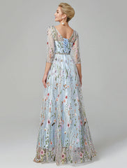 A-Line Evening Gown Party Dress Floral Dress Holiday Wedding Guest Floor Length 3/4 Length Sleeve Illusion Neck Lace with Embroidery 2025