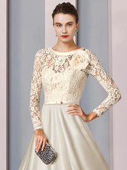 A-Line Mother of the Bride Dress Wedding Guest Elegant Jewel Neck Tea Length Satin Lace Half Sleeve with Bow(s) Pleats Appliques