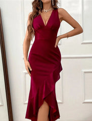Women‘s Party Dress Homecoming Dress Wedding Guest Dress Bodycon Sheath Dress Midi Dress Black Wine Green Sleeveless Pure Color Ruffle Spring Summer V Neck Elegant Party