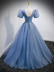 A-Line Prom Dresses Puffy Dress Quinceanera Floor Length Short Sleeve V Neck Tulle with Sequin