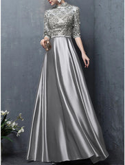 A-Line Mother of the Bride Dress Wedding Guest Elegant Vintage High Neck Floor Length Satin Half Sleeve with Bow(s) Appliques