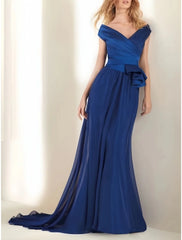 A-Line Evening Gown Elegant Dress Formal Wedding Guest Sweep / Brush Train Short Sleeve Off Shoulder Satin with Pleats Ruched Ruffles