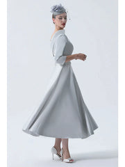 A-Line Mother of the Bride Dress Wedding Guest Vintage Plus Size Elegant Bateau Neck Tea Length Satin 3/4 Length Sleeve with Beading