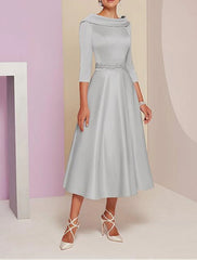 A-Line Mother of the Bride Dress Wedding Guest Elegant Vintage Plus Size Bateau Neck Tea Length Satin 3/4 Length Sleeve with Beading