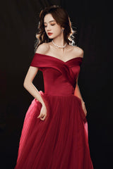 Burgundy Off the Shoulder Tulle Long Prom Dress, A-Line Evening Party Dress