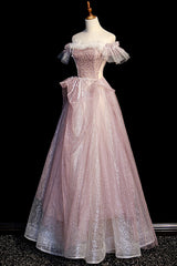 Pink Sequins Long A-Line Prom Dress, Off the Shoulder Evening Party Dress