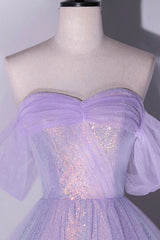 Purple Sequins Long A-Line Prom Dress, Off the Shoulder Evening Party Dress