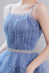 Spaghetti Strap Tulle Short Prom Dress, Cute Blue Homecoming Party Dress