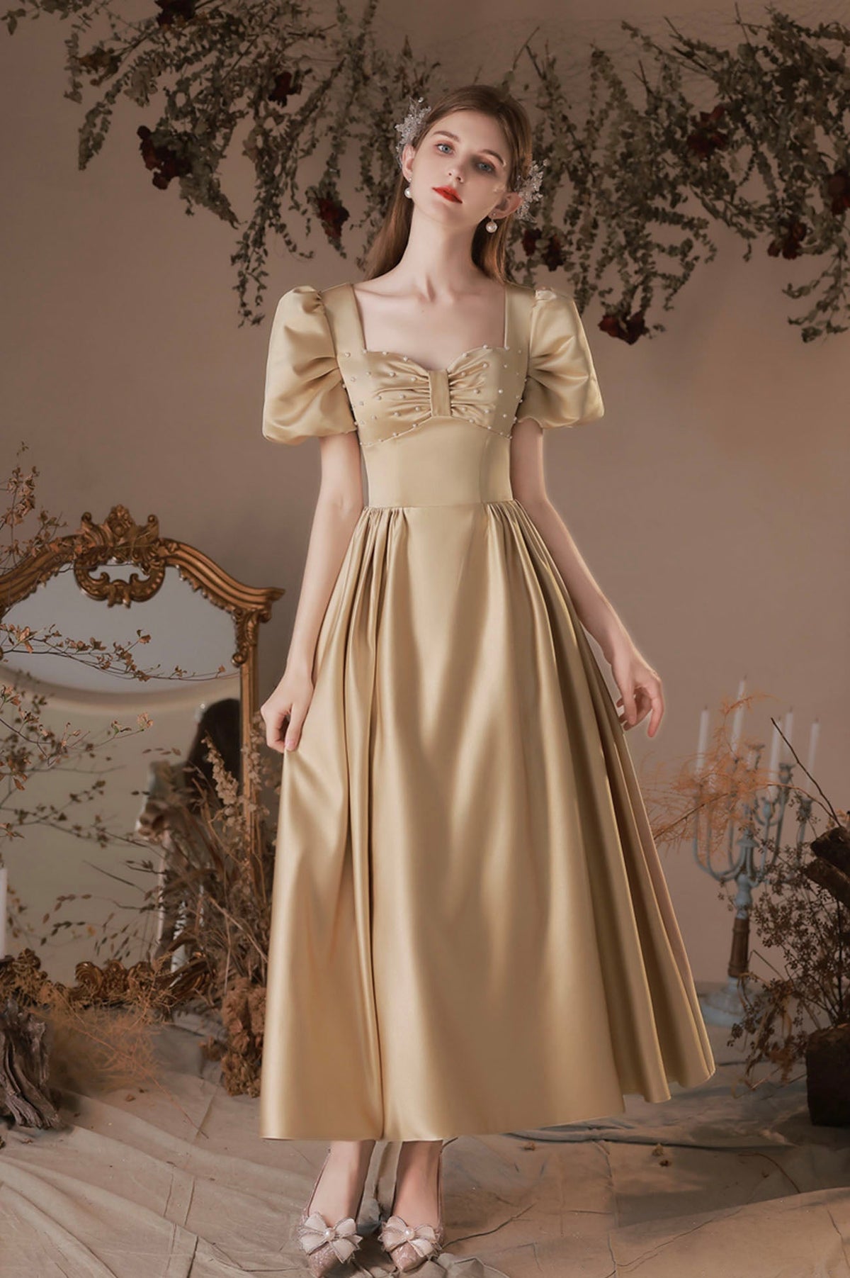 Beautiful Satin Short Prom Dress, A-Line Short Sleeve Homecoming Party Dress