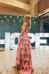 A Line Chiffon Keyhole Hatler Floral Printed Tiered Slit Prom Dresses