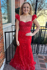 Yellow Floral Lace Sweetheart Mermaid Long Prom Dress