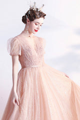 Pink Tulle Beaded Tea Length Prom Dress, A-Line Evening Party Dress