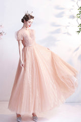 Pink Tulle Beaded Tea Length Prom Dress, A-Line Evening Party Dress