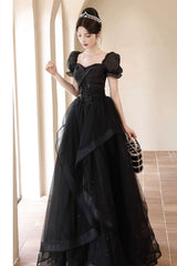 A-Line Tulle Lace Short Sleeve Prom Dress, Lovely Floor Length Evening Party Dress