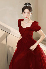 A-Line Tulle Lace Short Sleeve Prom Dress, Lovely Floor Length Evening Party Dress