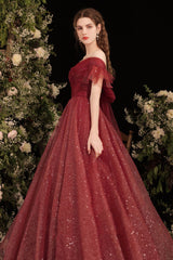 Burgundy Shiny Tulle Long Prom Dress, Burgundy Evening Party Dress