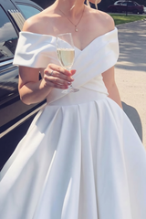 Elegant Off the Shoulder Tea Length White Satin Wedding Dress