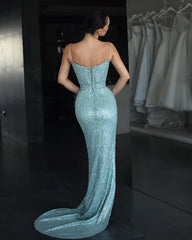 Aimishang Elegant Blue Mermaid Prom Dresses Spaghetti Sequins Evening Dress Lace Up Back Pleats Split Formal Long Special Occasion Party dress