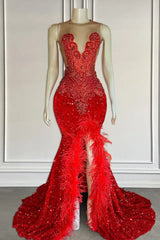 Mermaid prom -jurk met pailletten mouwloze gesplitste kralen en verenversiering
