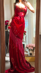 Vintage Red Sparkling Sequin Spaghetti Strap Design Elegant Chiffon Evening Dress Prom Dresses HZ1024