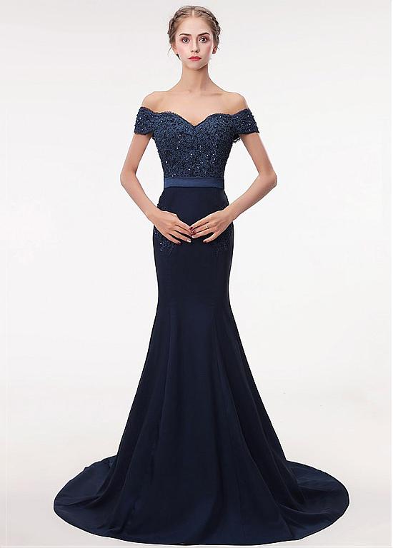 Stretch Satin Off-the-shoulder Navy Mermaid Beading Evening Dress