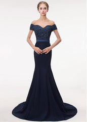 Stretch Satin Off-the-shoulder Navy Mermaid Beading Evening Dress