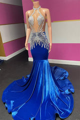 Royal Blue Halter Mouwloze zeemeermin prom -jurken met kralen fluweel