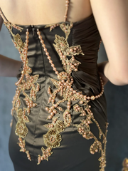 Retro Brown V-neck Beaded Spaghetti Strap Appliqued Design Elegant Satin Evening Dress Prom Dress HZ1024