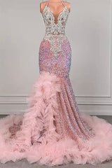 Roze halter zeemeermin prom -jurk met pailletten Beadings en tule ruches